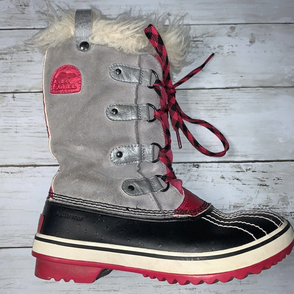 Sorel Girls Size 4 Joan of Arc Gray Pink Faux Fur Trim Winter Boots Waterproof